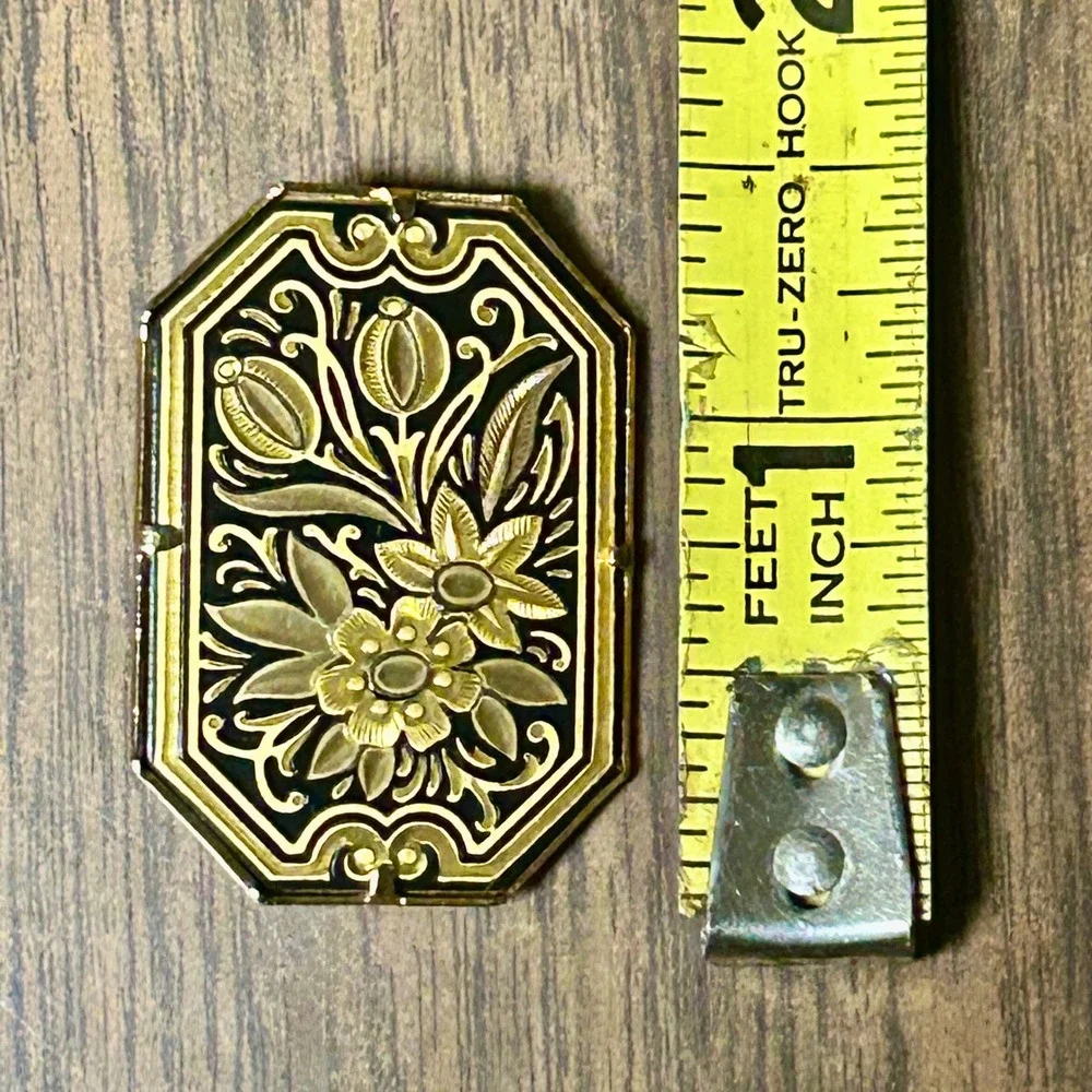 Vintage Damascene Style Floral Brooch Black Enamel Gold Tone Rectangular 1.5in